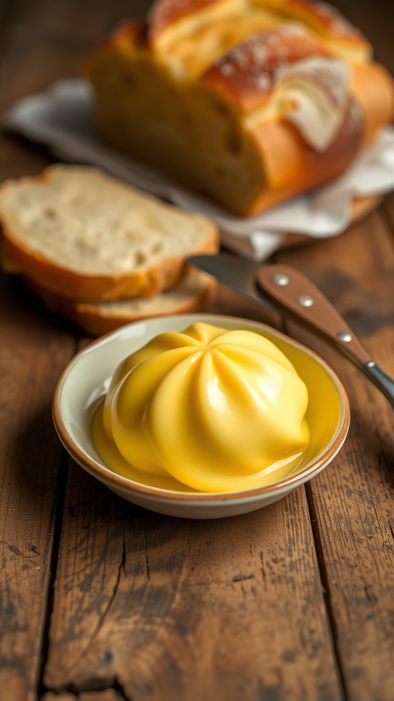 Freshly made butter in a dish with a knife beside it, next to a loaf of bread on a wooden table.